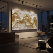 "Raised Gold Swell Relief" - Modern Heavy Impasto Ocean Wave Seascape | Gold & White Palette Knife Painting | Luxury Horizontal Wall Art #Q 93