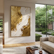 "Molten Gold Curve Relief" - Modern Heavy Impasto Abstract Artwork | Gold & White Palette Knife Painting | Luxury Vertical Wall Art #Q 94