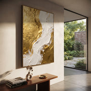 "Molten Gold Curve Relief" - Modern Heavy Impasto Abstract Artwork | Gold & White Palette Knife Painting | Luxury Vertical Wall Art #Q 94