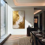 "Molten Gold Curve Relief" - Modern Heavy Impasto Abstract Artwork | Gold & White Palette Knife Painting | Luxury Vertical Wall Art #Q 94