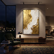 "Molten Gold Curve Relief" - Modern Heavy Impasto Abstract Artwork | Gold & White Palette Knife Painting | Luxury Vertical Wall Art #Q 94