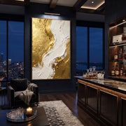 "Molten Gold Curve Relief" - Modern Heavy Impasto Abstract Artwork | Gold & White Palette Knife Painting | Luxury Vertical Wall Art #Q 94