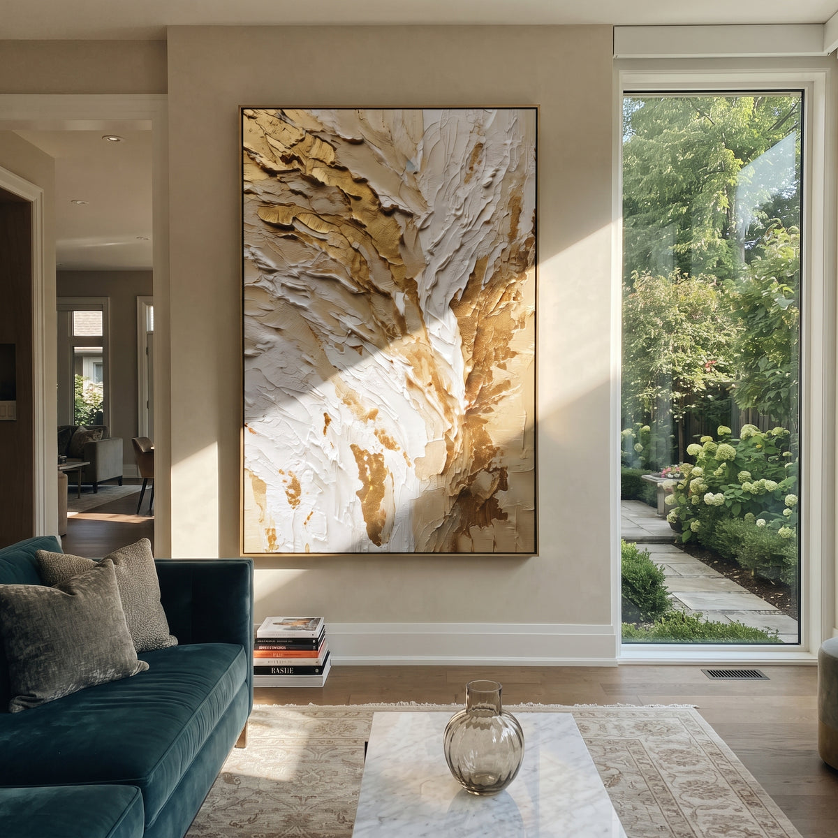 Torn Feather Gold Relief focuses on vertical torn white plaster feathers and rough ochre gold patches rising through the center, keeping the composition specific to this single abstract textured artwork rather than using a generic batch description. The visible surface is built around white, gold, beige, with pale plaster passages, metallic highlights, softened neutral transitions, and raised edges that guide the eye across the picture plane. The main movement is easy to read from the image