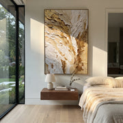 "Torn Feather Gold Relief" - Modern Heavy Impasto Abstract Artwork | White & Gold Palette Knife Painting | Luxury Vertical Wall Art #Q 95