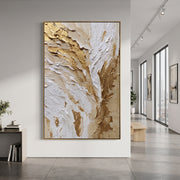 "Torn Feather Gold Relief" - Modern Heavy Impasto Abstract Artwork | White & Gold Palette Knife Painting | Luxury Vertical Wall Art #Q 95