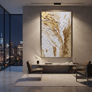 "Torn Feather Gold Relief" - Modern Heavy Impasto Abstract Artwork | White & Gold Palette Knife Painting | Luxury Vertical Wall Art #Q 95