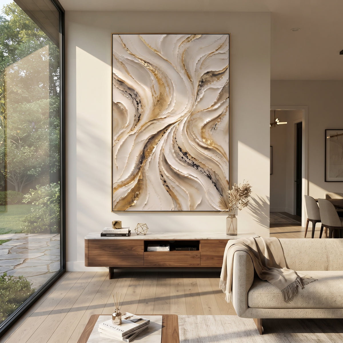 Ivory Whirlpool Vein Relief focuses on vertical curling ivory ribbons with gold and charcoal seams winding inward, keeping the composition specific to this single abstract textured artwork rather than using a generic batch description. The visible surface is built around white, beige, gold, with pale plaster passages, metallic highlights, softened neutral transitions, and raised edges that guide the eye across the picture plane. The main movement is easy to read from the image itself: layered
