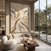 "Ivory Whirlpool Vein Relief" - Modern Heavy Impasto Abstract Artwork | White & Beige Palette Knife Painting | Luxury Vertical Wall Art #Q 96