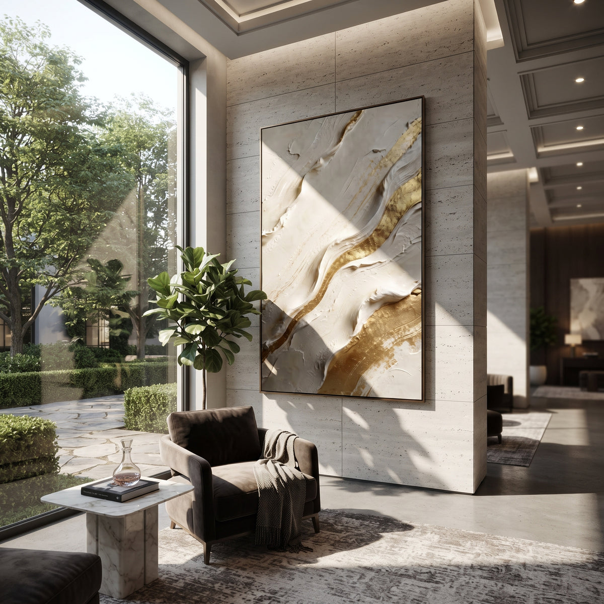 Slanted Marble Gold Relief focuses on vertical slanted white plaster slabs divided by a metallic gold diagonal river, keeping the composition specific to this single abstract textured artwork rather than using a generic batch description. The visible surface is built around white, gold, beige, with pale plaster passages, metallic highlights, softened neutral transitions, and raised edges that guide the eye across the picture plane. The main movement is easy to read from the image itself: layered