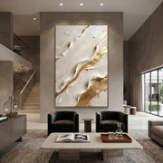 "Slanted Marble Gold Relief" - Modern Heavy Impasto Landscape Artwork | White & Gold Palette Knife Painting | Luxury Vertical Wall Art #Q 97