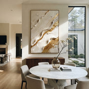 "Slanted Marble Gold Relief" - Modern Heavy Impasto Landscape Artwork | White & Gold Palette Knife Painting | Luxury Vertical Wall Art #Q 97