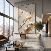 "Slanted Marble Gold Relief" - Modern Heavy Impasto Landscape Artwork | White & Gold Palette Knife Painting | Luxury Vertical Wall Art #Q 97