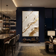 "Slanted Marble Gold Relief" - Modern Heavy Impasto Landscape Artwork | White & Gold Palette Knife Painting | Luxury Vertical Wall Art #Q 97