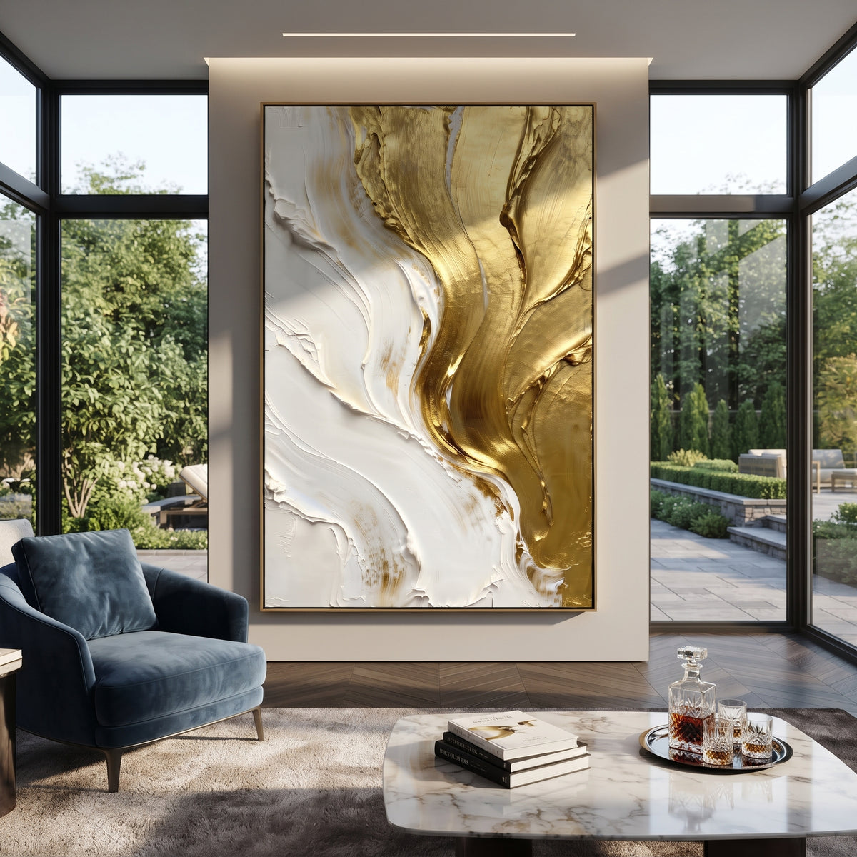 Golden Folded Drapery Relief focuses on vertical folded gold sheet surrounded by white plaster waves and thick knife marks, keeping the composition specific to this single abstract textured artwork rather than using a generic batch description. The visible surface is built around gold, white, beige, with pale plaster passages, metallic highlights, softened neutral transitions, and raised edges that guide the eye across the picture plane. The main movement is easy to read from the image itself