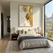 "Golden Folded Drapery Relief" - Modern Heavy Impasto Abstract Artwork | Gold & White Palette Knife Painting | Luxury Vertical Wall Art #Q 98