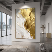 "Golden Folded Drapery Relief" - Modern Heavy Impasto Abstract Artwork | Gold & White Palette Knife Painting | Luxury Vertical Wall Art #Q 98