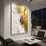 "Golden Folded Drapery Relief" - Modern Heavy Impasto Abstract Artwork | Gold & White Palette Knife Painting | Luxury Vertical Wall Art #Q 98