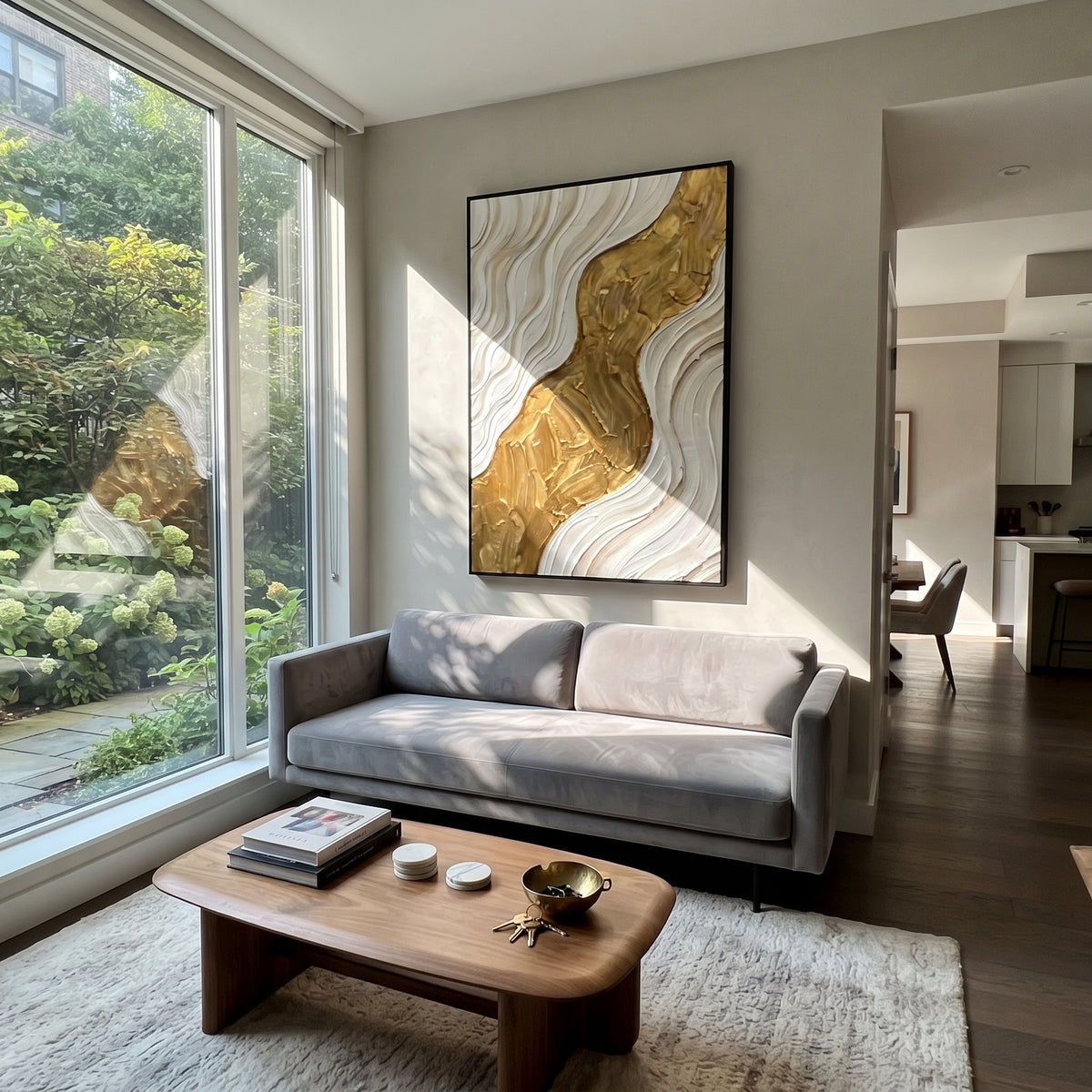 White River Gold Bank Relief focuses on vertical white ribbon river beside a broad hammered gold bank with curved plaster bands, keeping the composition specific to this single abstract textured artwork rather than using a generic batch description. The visible surface is built around white, gold, beige, with pale plaster passages, metallic highlights, softened neutral transitions, and raised edges that guide the eye across the picture plane. The main movement is easy to read from the image
