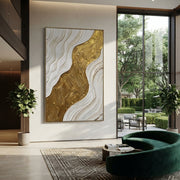 "White River Gold Bank Relief" - Modern Heavy Impasto Landscape Artwork | White & Gold Palette Knife Painting | Luxury Vertical Wall Art #Q 99