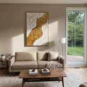 "White River Gold Bank Relief" - Modern Heavy Impasto Landscape Artwork | White & Gold Palette Knife Painting | Luxury Vertical Wall Art #Q 99