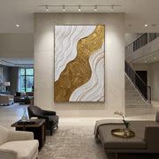 "White River Gold Bank Relief" - Modern Heavy Impasto Landscape Artwork | White & Gold Palette Knife Painting | Luxury Vertical Wall Art #Q 99