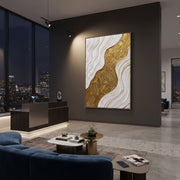 "White River Gold Bank Relief" - Modern Heavy Impasto Landscape Artwork | White & Gold Palette Knife Painting | Luxury Vertical Wall Art #Q 99