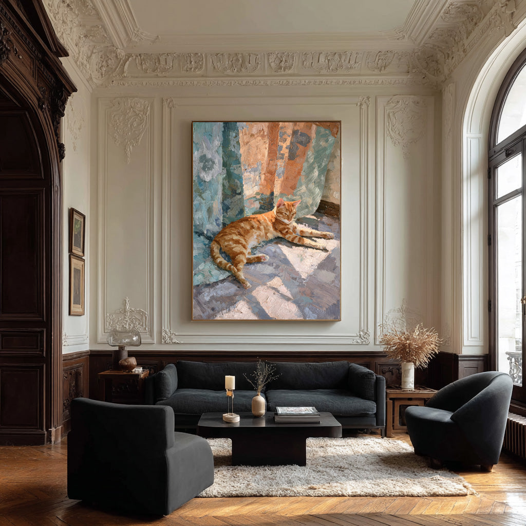 Abstract Feline Canvas Lounging Cat Textured Artwork #WG 052 — Front View | Abstract Oil Painting for Home Decor