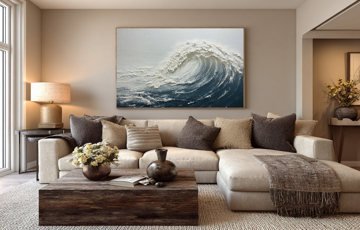 Abstract Seascape Art Blue White Waves Decor #WG 059 — Front View | Abstract Oil Painting for Home Decor