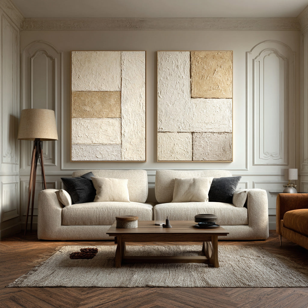 Abstract Block Paintings Pair Earthy Palette #WG 020 — Front View | Abstract Oil Painting for Home Decor
