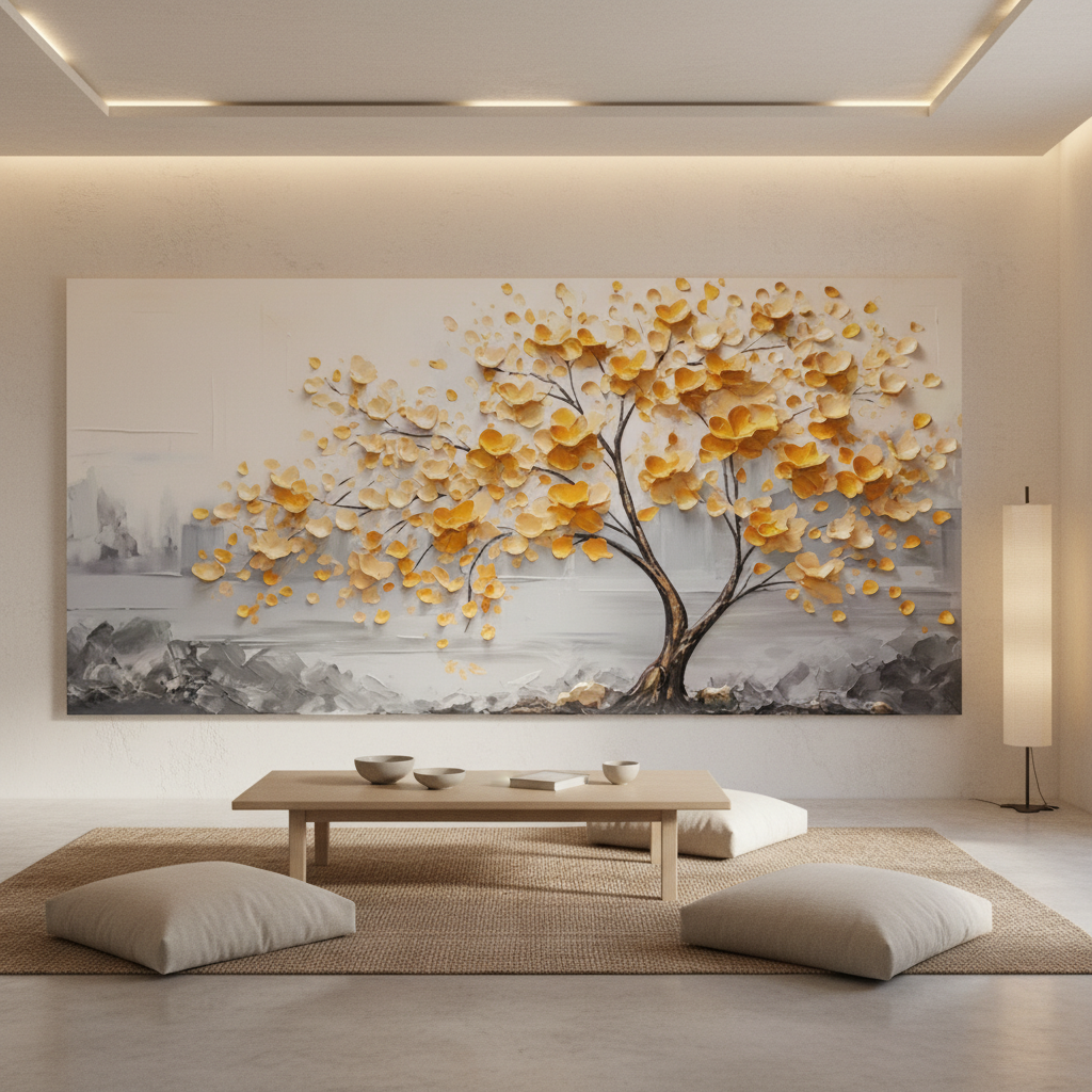 3D Textured Tree of Life Oil Gold Floral #AA... | Canvas Art | QSQart — Front View | Abstract Oil Painting for Home Decor